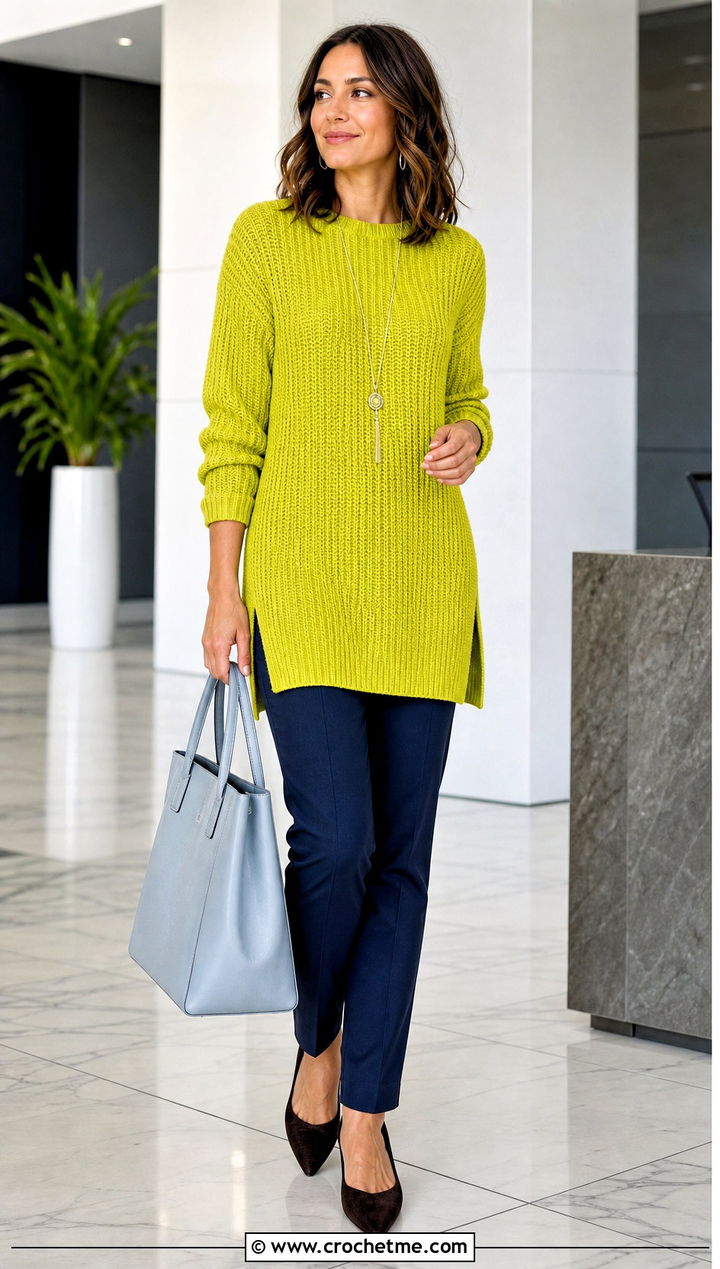 Longline Ribbed Crochet Sweater With Slim Trousers - 25 Ribbed Crochet Sweater outfit ideas