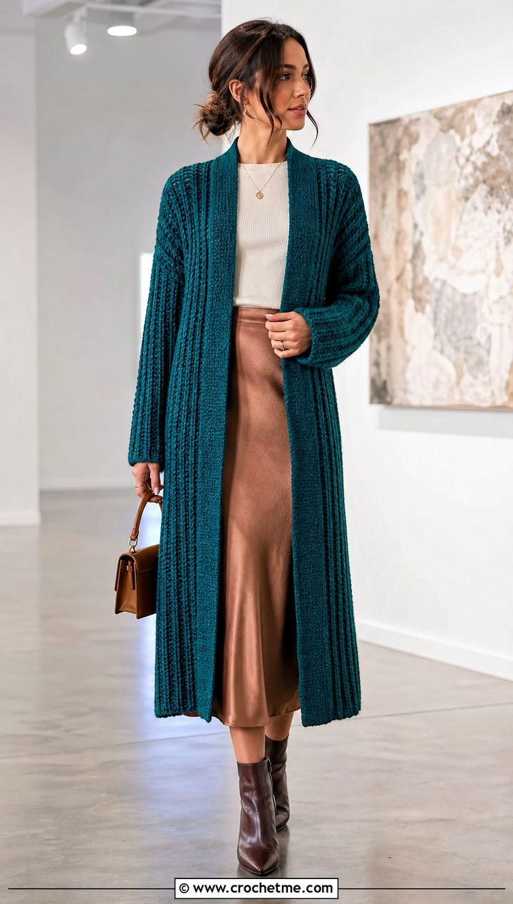 Longline Ribbed Knit Look Crochet Cardigan With Satin Midi Skirt - 25 Knit Look Crochet Cardigan outfit ideas