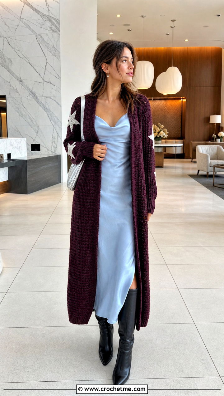 Longline Ribbed Taylor Swift Crochet Cardigan With Slip Dress - 35 crochet taylor swift cardigan outfit ideas