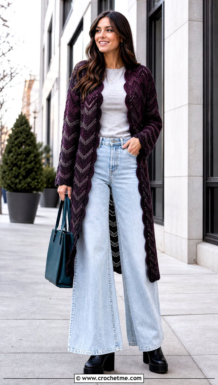 Longline Ripple Crochet Sweater With Wide Leg Jeans - 20 Ripple Crochet Sweater outfit ideas