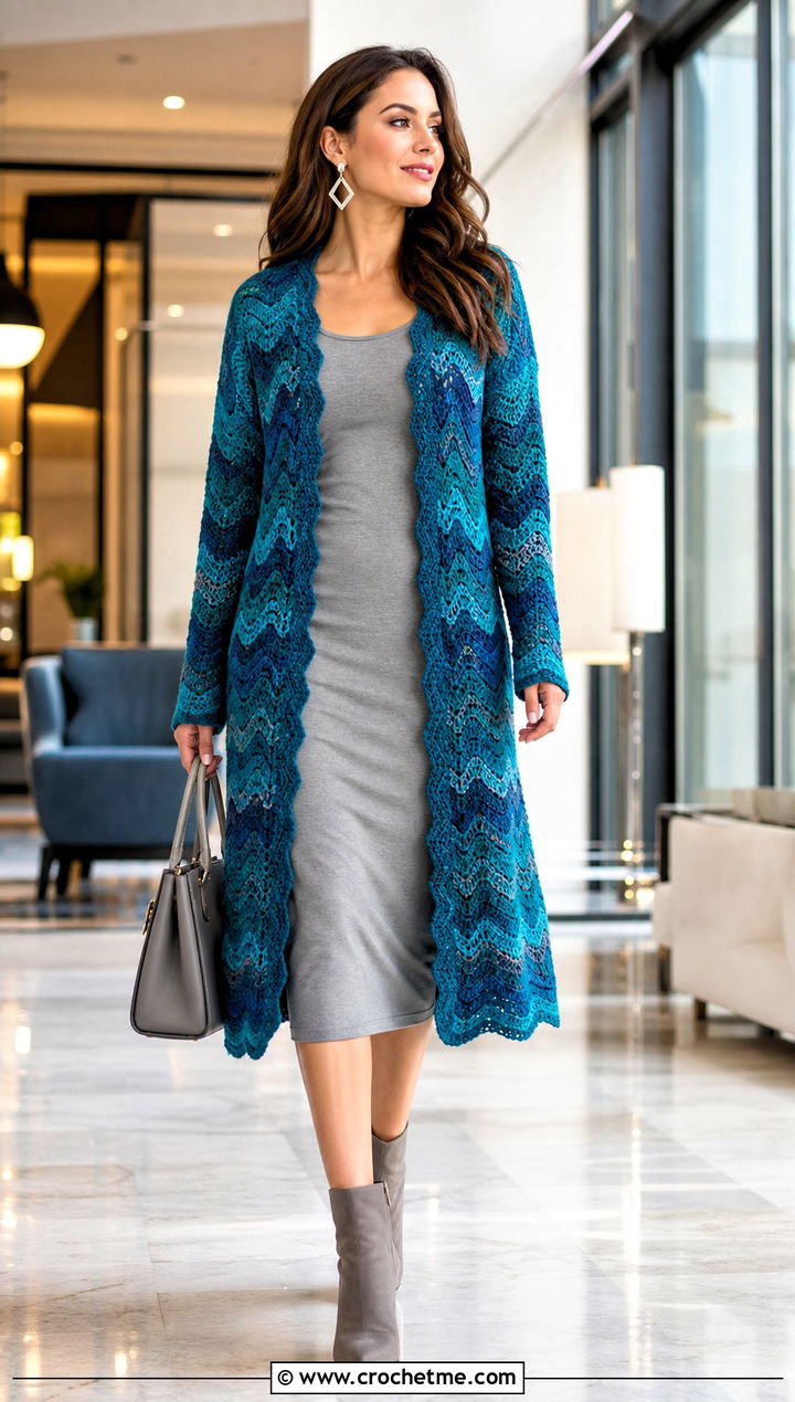 Longline Ripple Stitch Cardigan Sweater With Column Dress - 25 Crochet Ripple Stitch Sweater outfit ideas