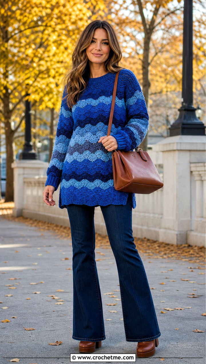 Longline Ripple Sweater With Flared Jeans - 30 crochet ripple sweater outfit ideas