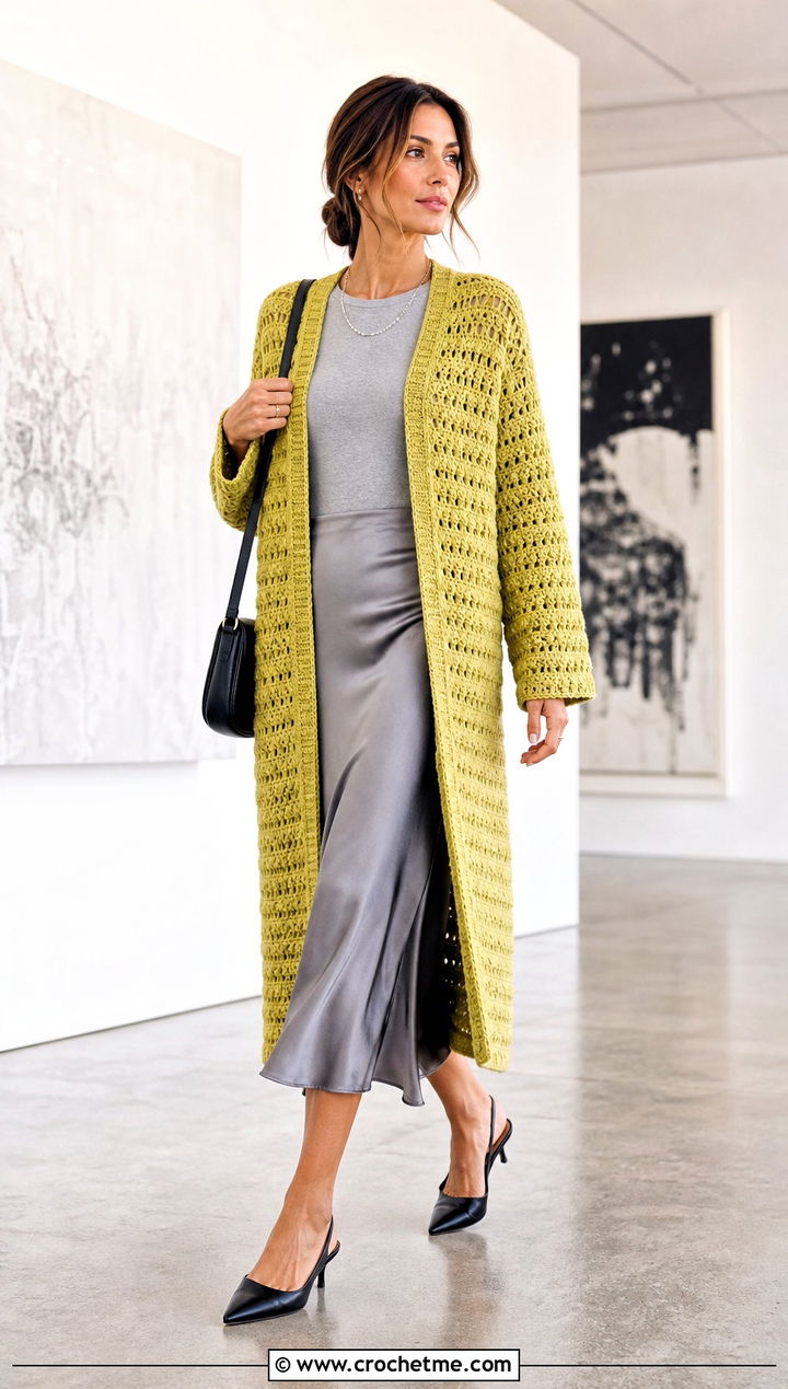 Longline Riverbed Crochet Cardigan With Satin Midi Skirt - 25 riverbed crochet cardigan outfit ideas