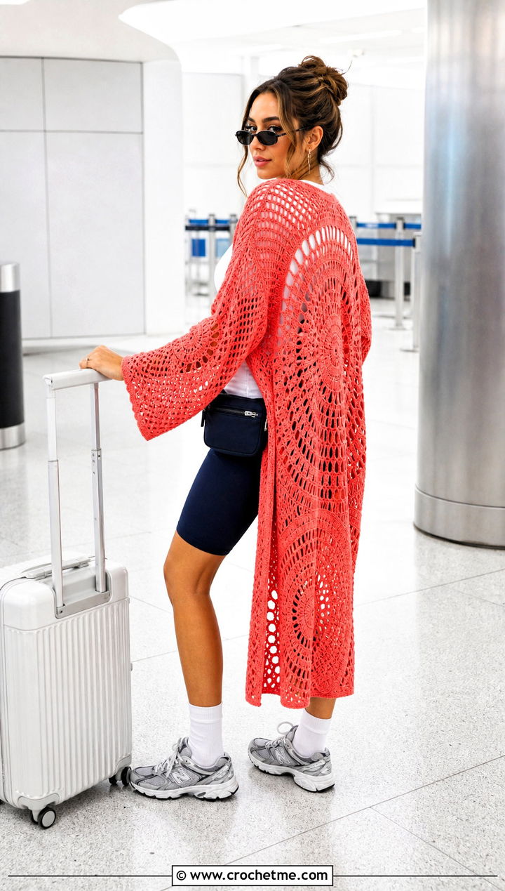 Longline Round Crochet Cardigan With Bike Shorts - 35 round crochet cardigan outfit ideas