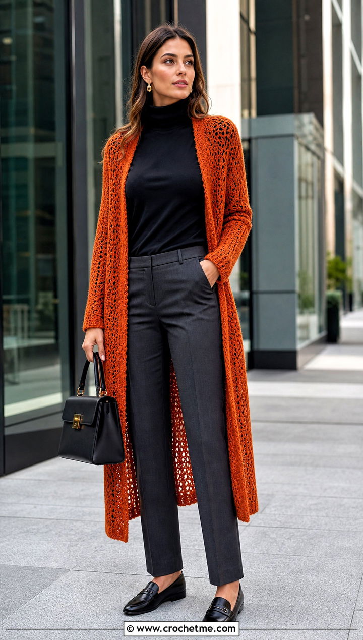 Longline Rust Colored Crochet Duster Cardigan With Tailored Trousers - 15 rust-colored crochet cardigan outfit ideas