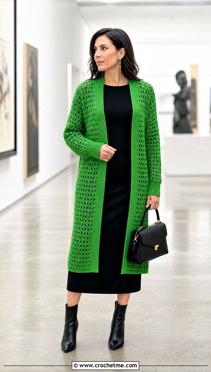 Longline Sally Cardigan With Column Dress - 20 Crochet Sally Cardigan outfit ideas