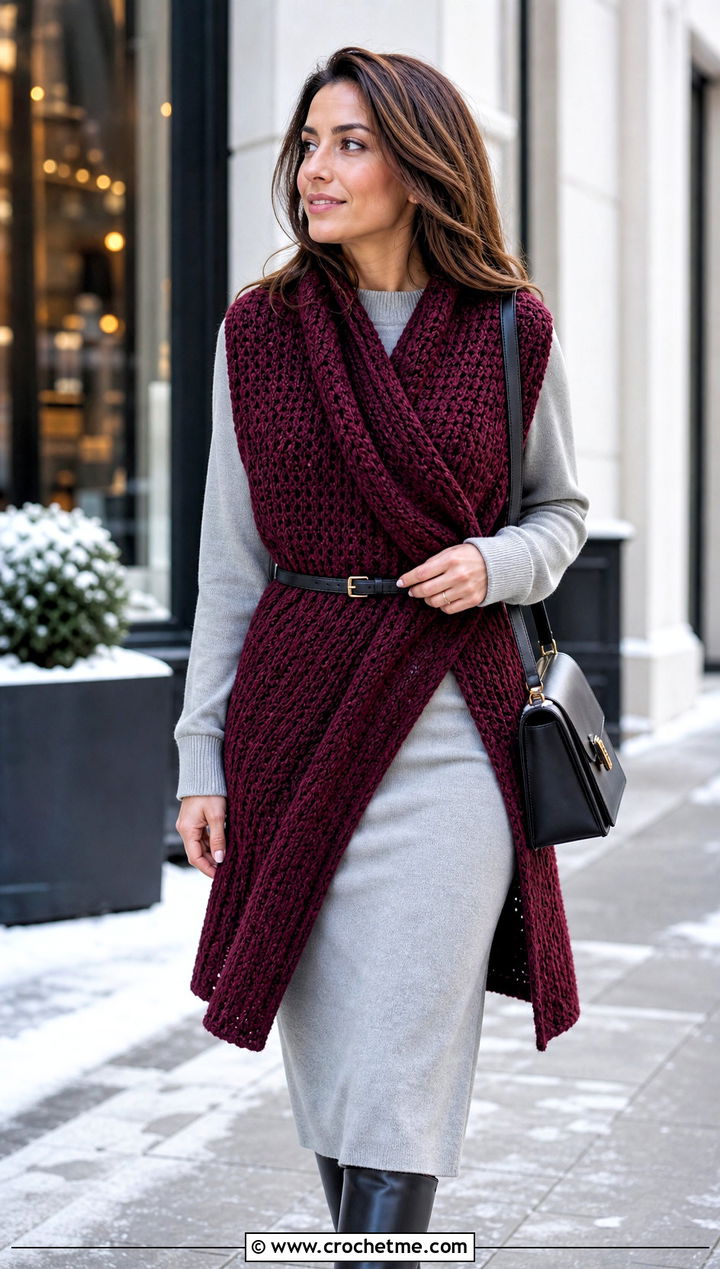 Longline Scarf With Armholes With Knit Dress - 20 crochet scarf with arms outfit ideas