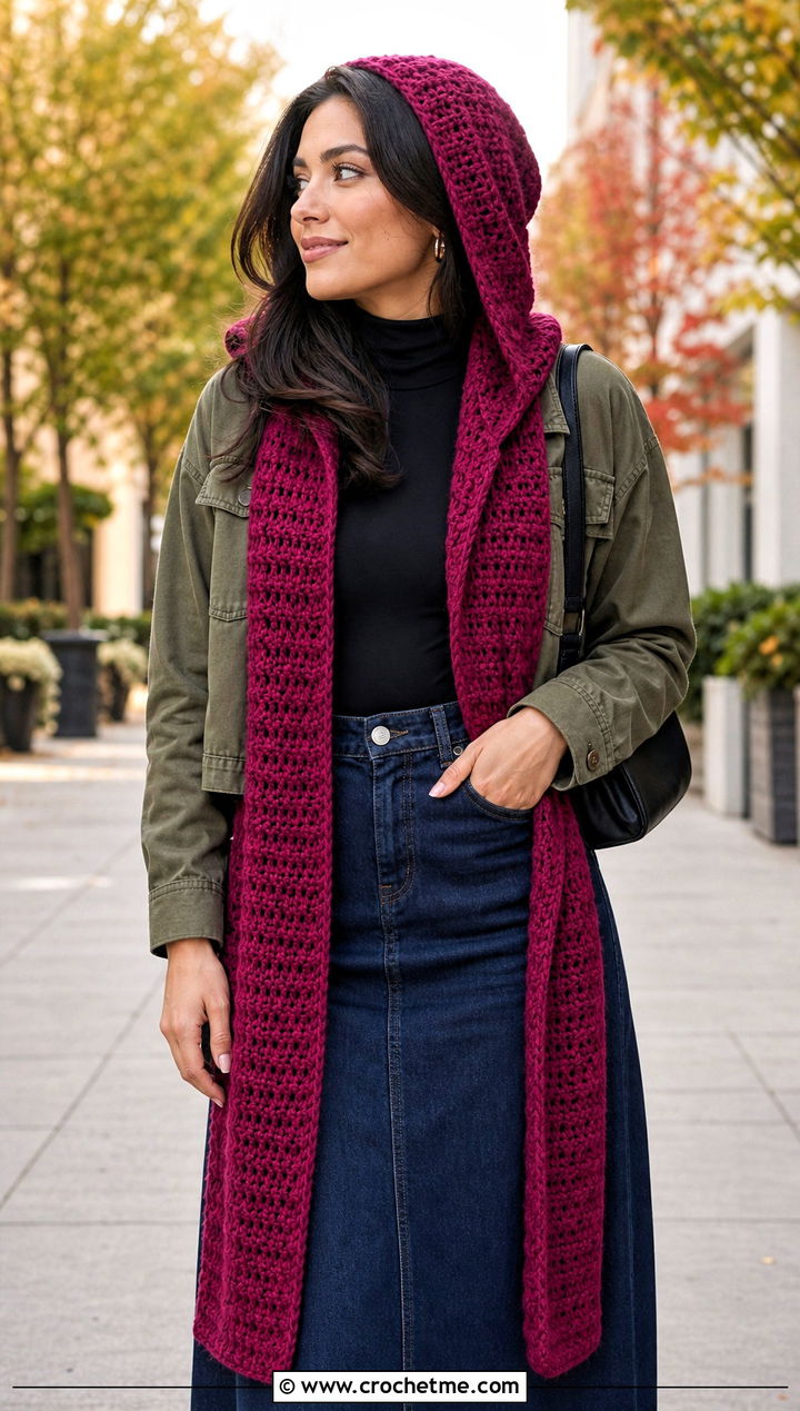 Longline Scoodie With Denim Midi Skirt - 25 Crochet Hoodie Scarf outfit ideas