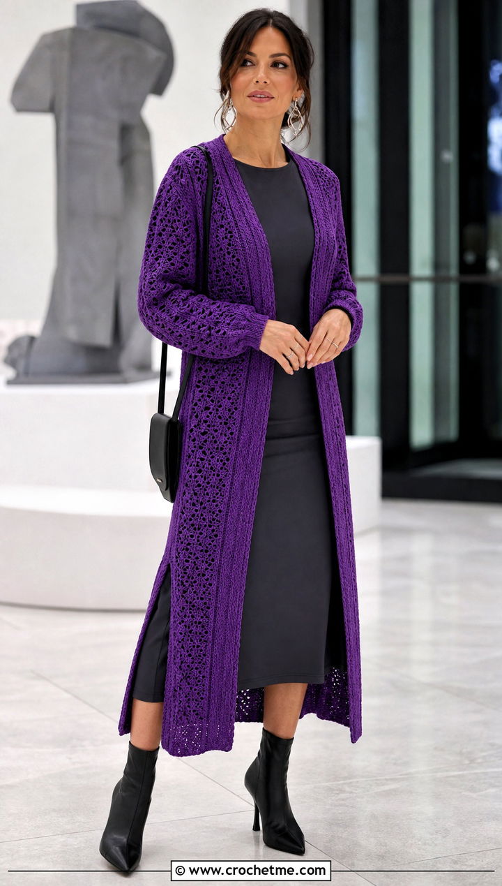 Longline Seamless Crochet Cardigan With Column Dress - 25 Crochet Seamless Cardigan outfit ideas