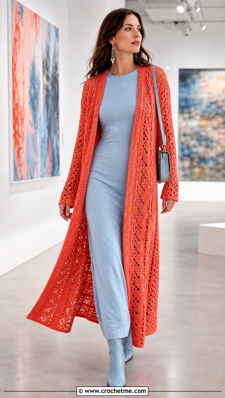 Longline Side To Side Crochet Cardigan With Column Dress - 25 Side To Side Crochet Cardigan outfit ideas