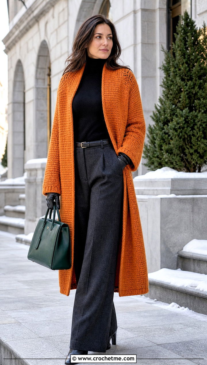 Longline Simple Stitch Tunisian Cardigan With Wool Trousers - 20 Crochet Tunisian Cardigan outfit ideas