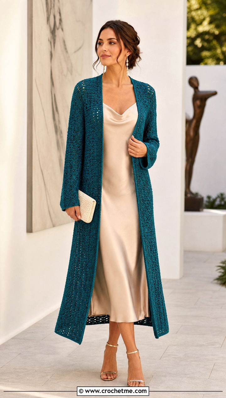 Longline Single Crochet Cardigan With Slip Dress - 25 single crochet cardigan outfit ideas