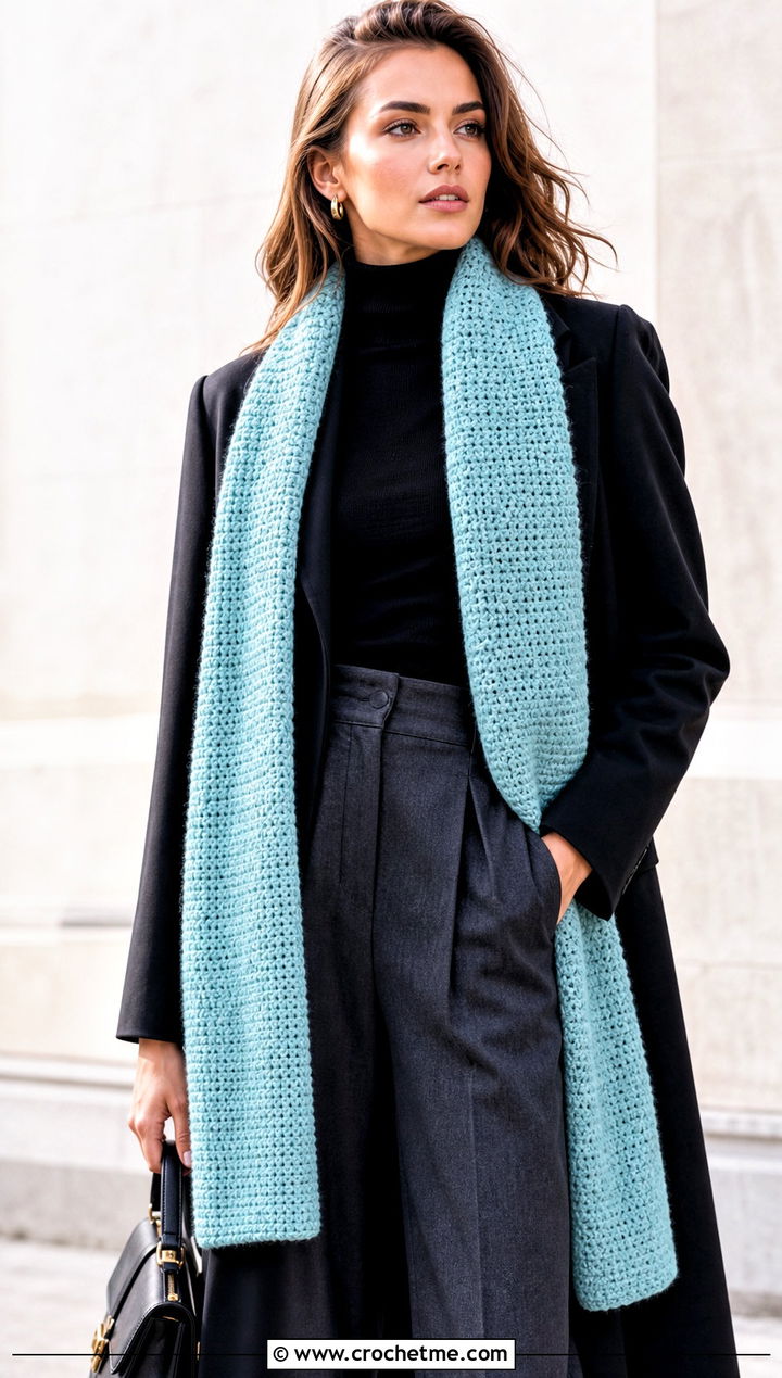 Longline Single Crochet Scarf With Turtleneck And Wide Leg Pants - 25 Single Crochet Scarf outfit ideas
