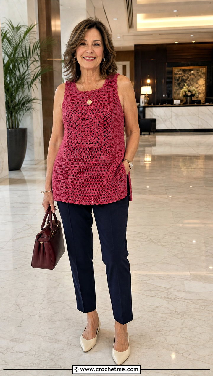 Longline Single Granny Square Tank Top With Slim Trousers - 25 single granny square top outfit ideas