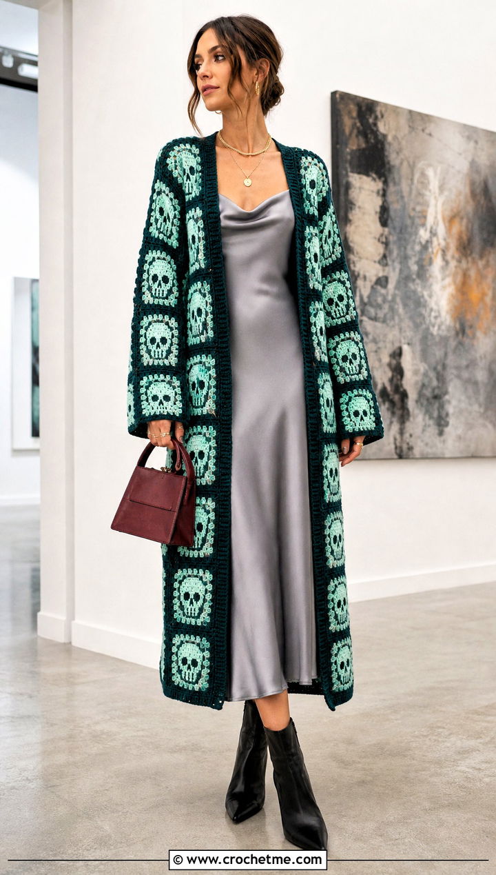 Longline Skull Granny Square Cardigan With Slip Dress - 30 skull granny square cardigan outfit ideas