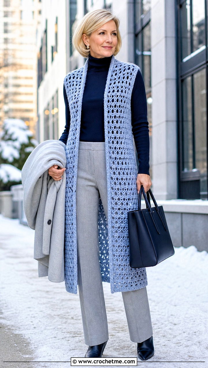 Longline Sleeveless Loopy Crochet Cardigan Vest With Wool Trousers - 15 loopy crochet vest outfit ideas