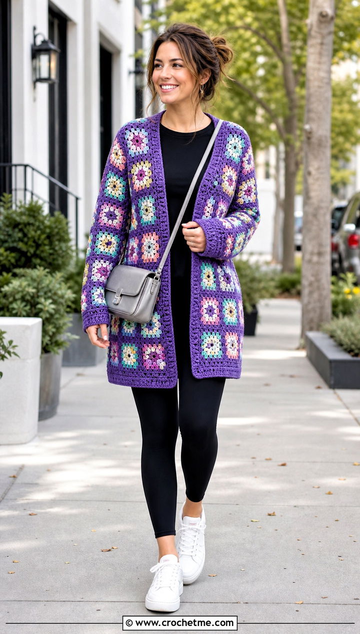 Longline Small Granny Square Cardigan With Leggings - 25 Small Granny Square Cardigan outfit ideas
