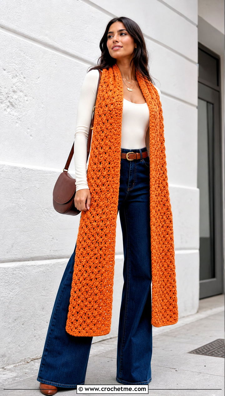 Longline Snowfall Crochet Sweater Scarf With Wide Leg Jeans - 15 Snowfall Crochet Sweater Scarf outfit ideas