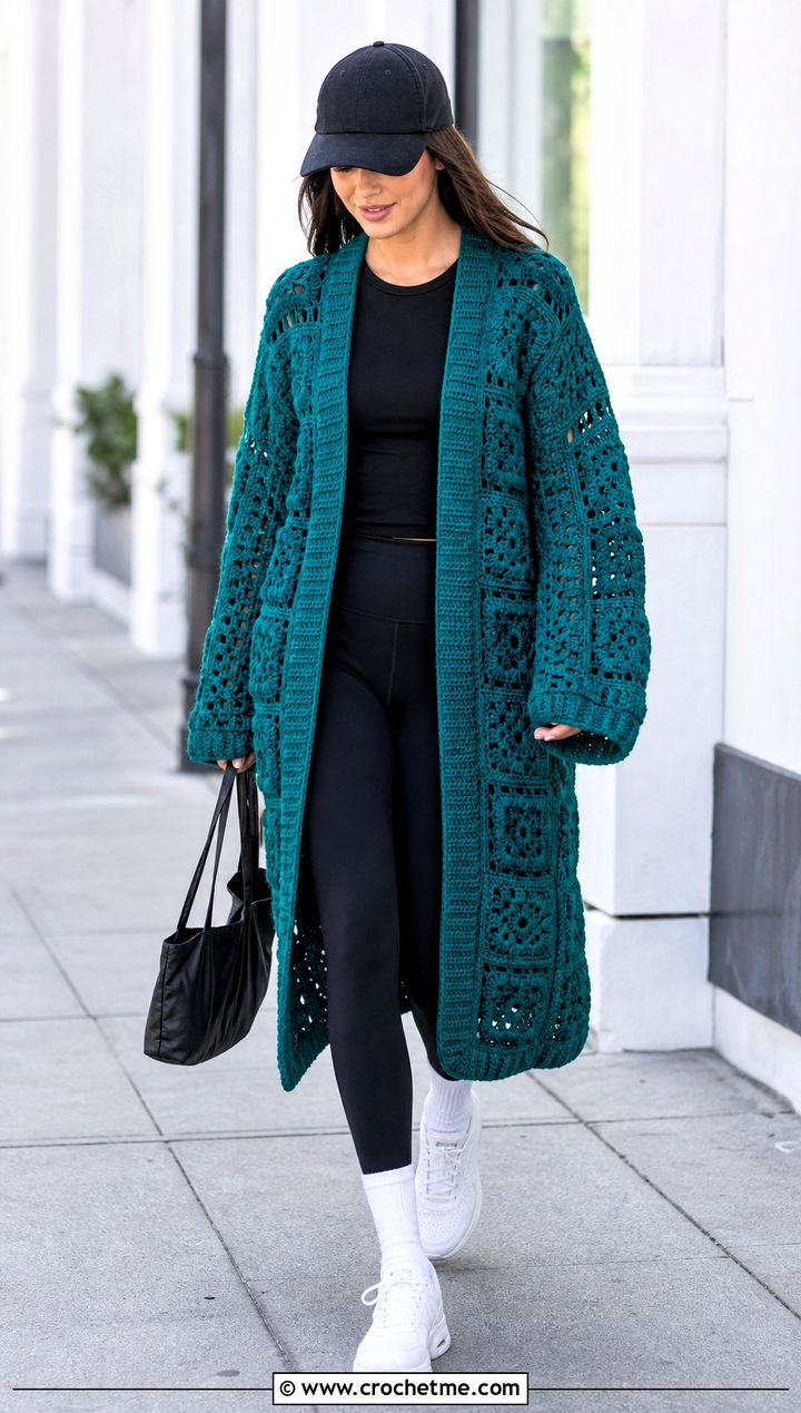 Longline Solid Granny Square Cardigan With Leggings And Sneakers - 20 Crochet Solid Granny Square Cardigan outfit ideas
