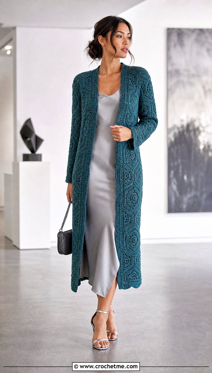 Longline Solid Hexagon Cardigan With Slip Dress - 30 crochet solid hexagon cardigan outfit ideas