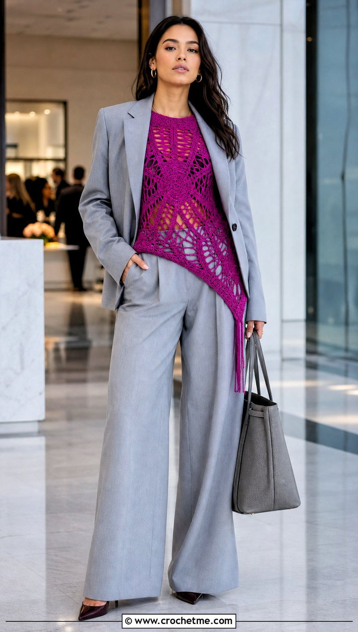 Longline Spiderweb Top With Tailored Suit - 30 crochet spiderweb top outfit ideas