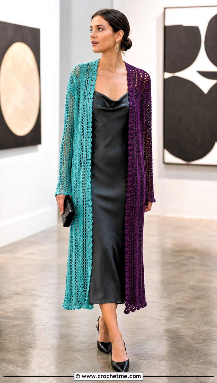 Longline Split Color Crochet Cardigan With Slip Dress - 15 Split Color Crochet Cardigan outfit ideas