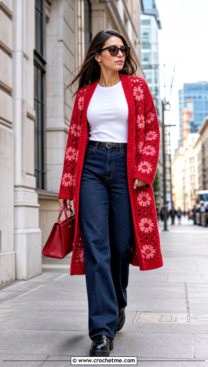 Longline Square Cardigan With Wide Leg Jeans - 30 crochet square cardigan outfit ideas