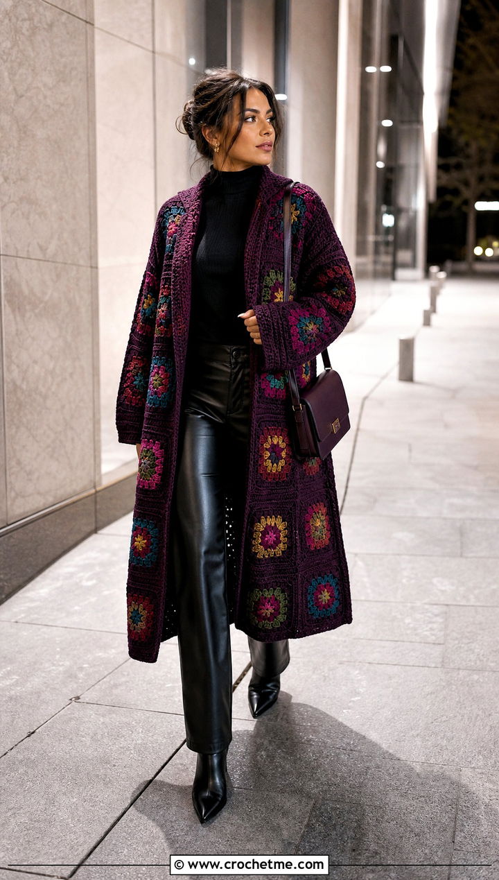 Longline Square Jacket With Leather Pants - 30 crochet square jacket outfit ideas