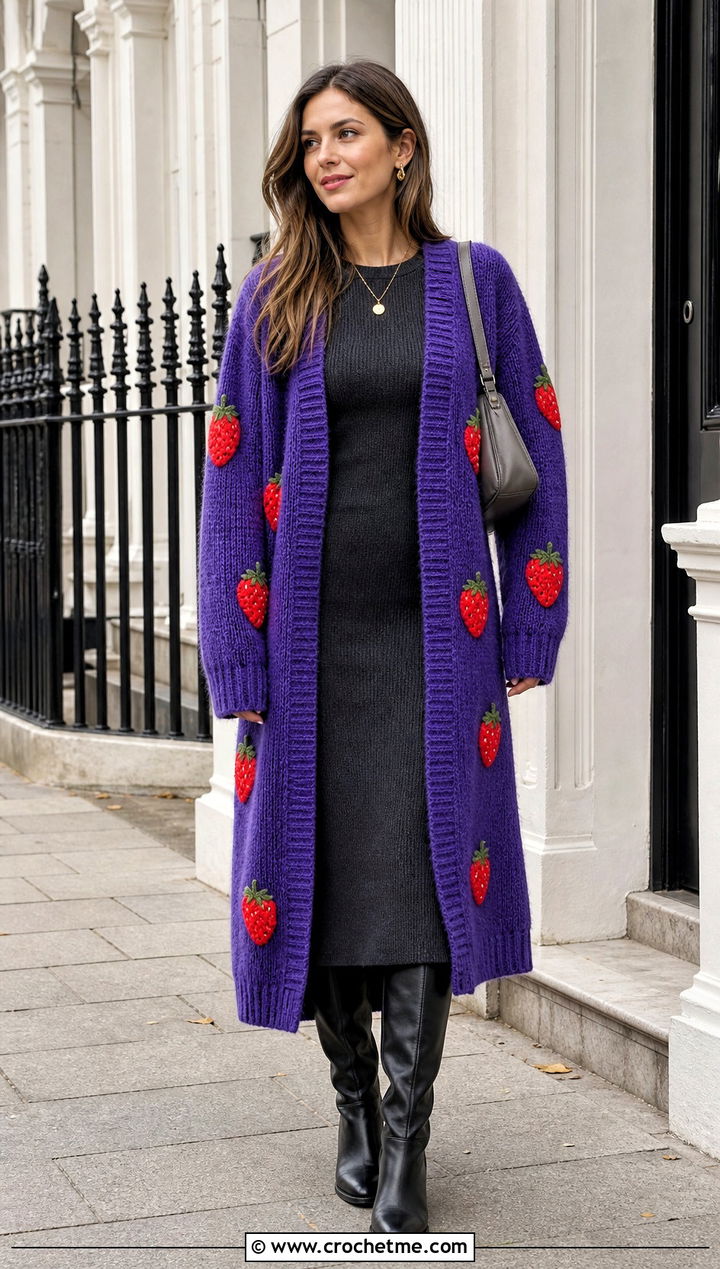 Longline Strawberry Cardigan With Knit Dress - 35 crochet strawberry cardigan outfit ideas