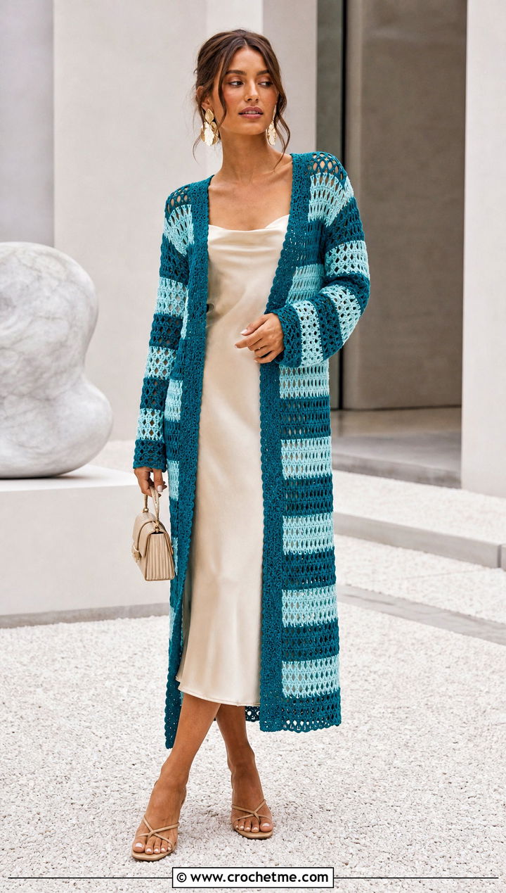 Longline Stripe Crochet Cardigan With Slip Dress - 25 striped crochet cardigan outfit ideas