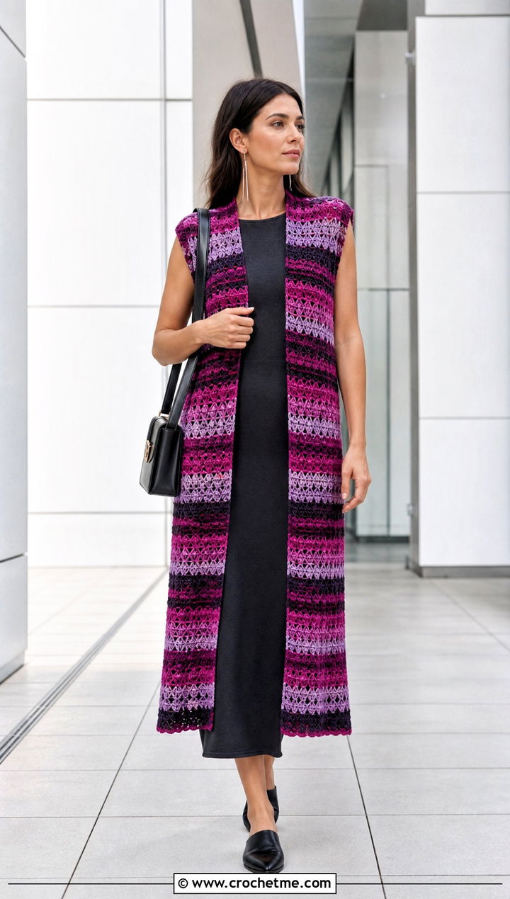 Longline Stripe Crochet Vest With Column Dress - 25 crochet vest stripes outfit ideas