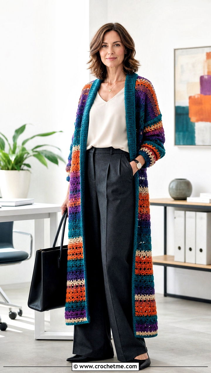 Longline Striped Crochet Cardigan With Wide Leg Trousers - 25 Crochet Colourful Cardigan outfit ideas
