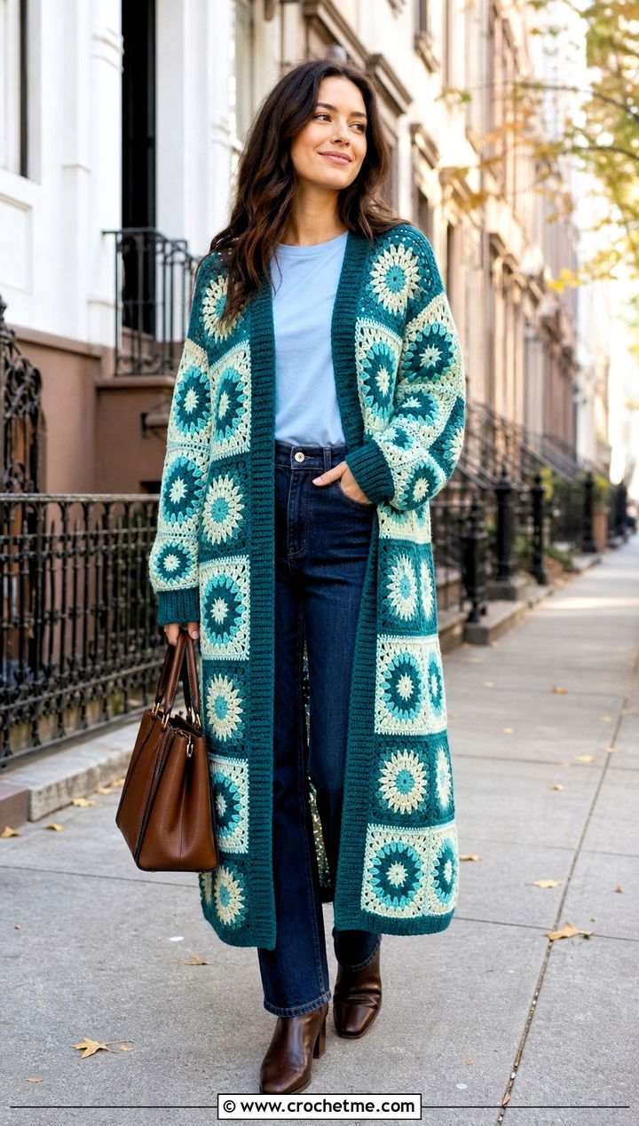Longline Sunburst Granny Square Cardigan With Straight Leg Jeans - 35 sunburst granny square cardigan outfit ideas