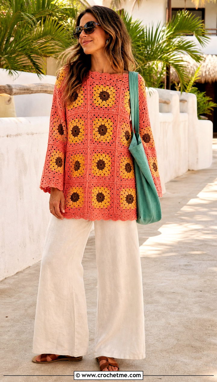 Longline Sunflower Granny Square Sweater With Linen Pants - 30 sunflower granny square sweater outfit ideas