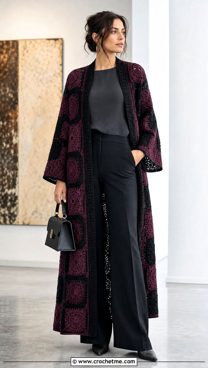Longline Tanjiro Crochet Kimono With Wide Leg Trousers - 25 tanjiro crochet kimono outfit ideas