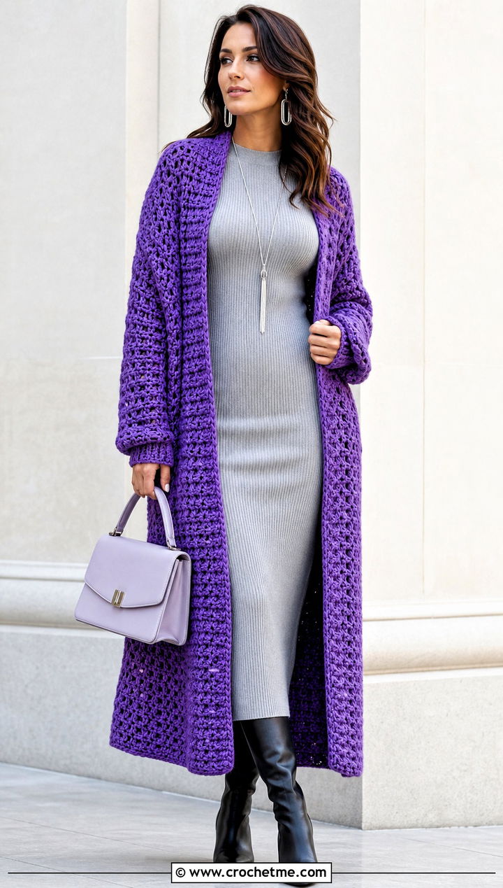 Longline Thick Yarn Crochet Duster Cardigan With Column Dress - 25 Thick Yarn Crochet Cardigan outfit ideas