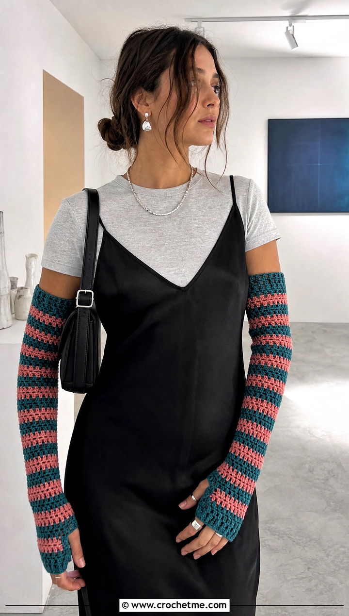 Longline Thumb Hole Striped Crochet Arm Warmers With Slip Dress - 15 Striped Crochet Arm Warmers outfit ideas