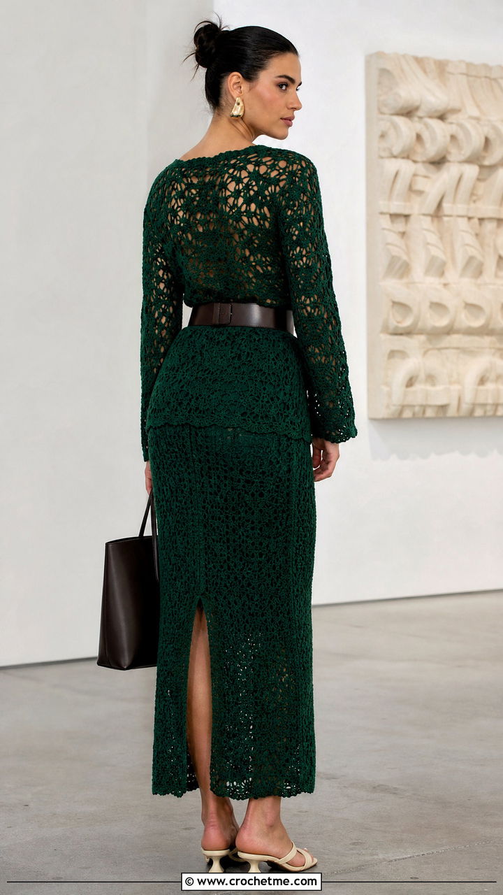 Longline Top And Straight Skirt Set With Wide Belt - 35 crochet skirt and top set outfit ideas
