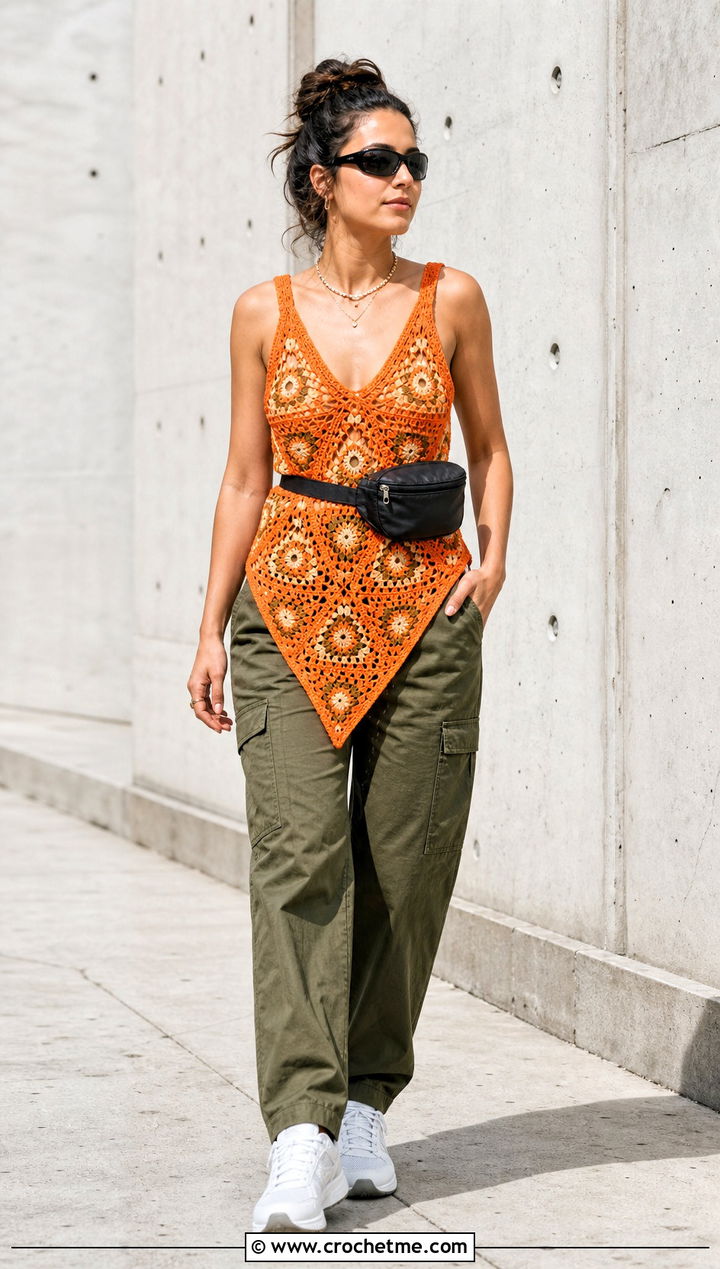 Longline Triangle Granny Square Top With Cargo Pants - 30 triangle granny square top outfit ideas