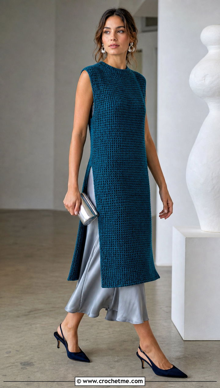 Longline Tunisian Crochet Sweater Vest With Satin Slip Dress - 25 tunisian crochet sweater vest outfit ideas