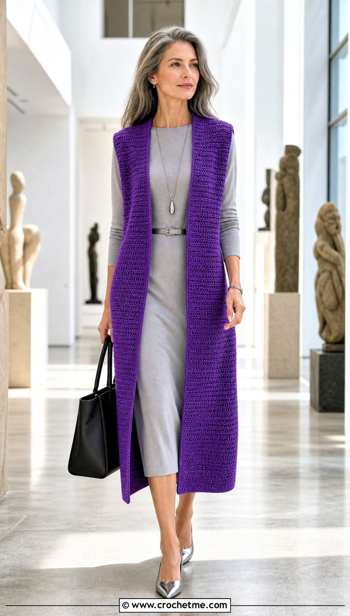 Longline Tunisian Crochet Vest With Column Dress - 20 Tunisian Crochet Vest outfit ideas