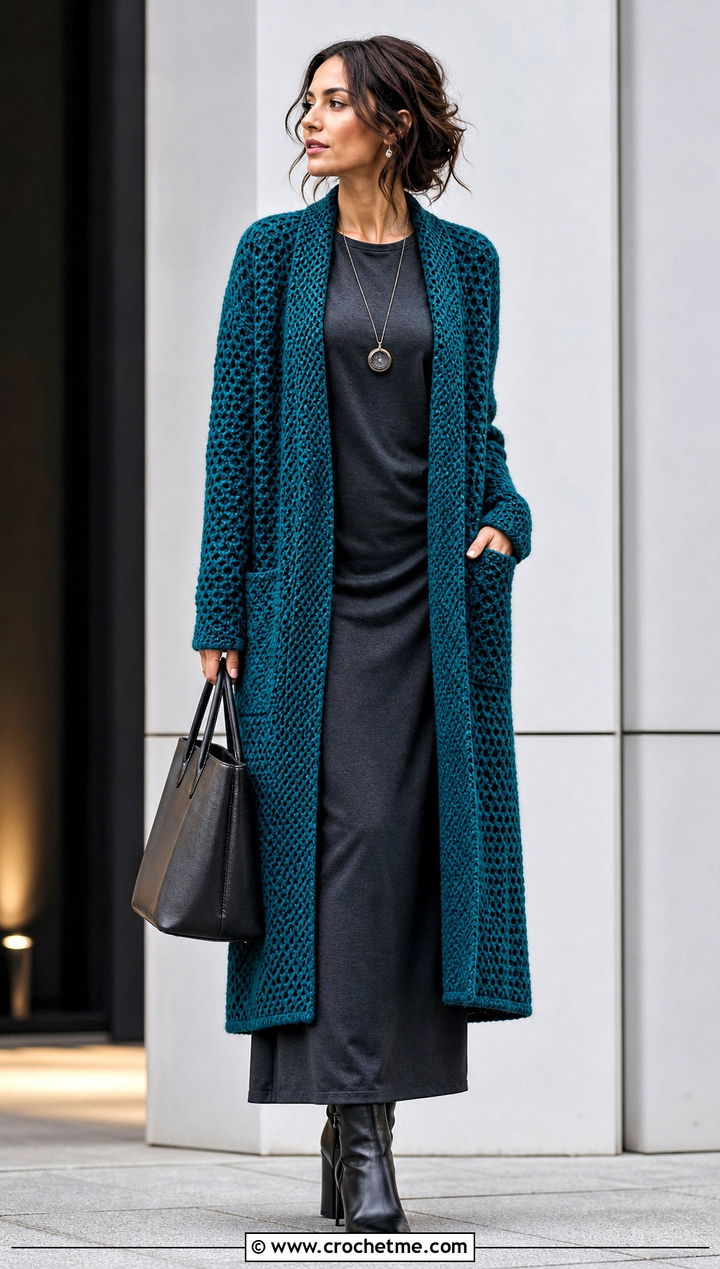 Longline Tunisian Honeycomb Cardigan With Column Dress - 35 tunisian crochet cardigan outfit ideas