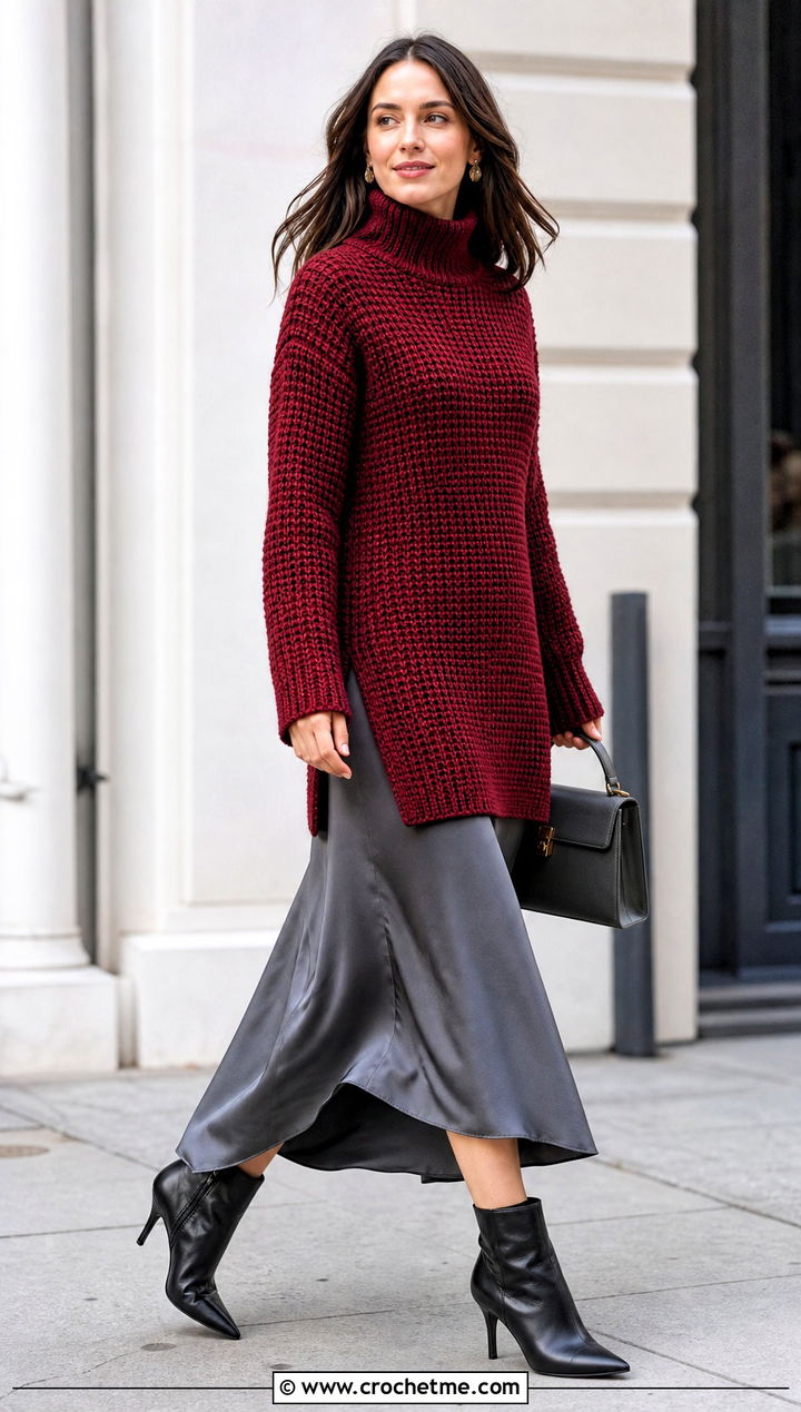Longline Tunisian Sweater With Slip Skirt And Ankle Boots - 35 tunisian crochet sweater outfit ideas