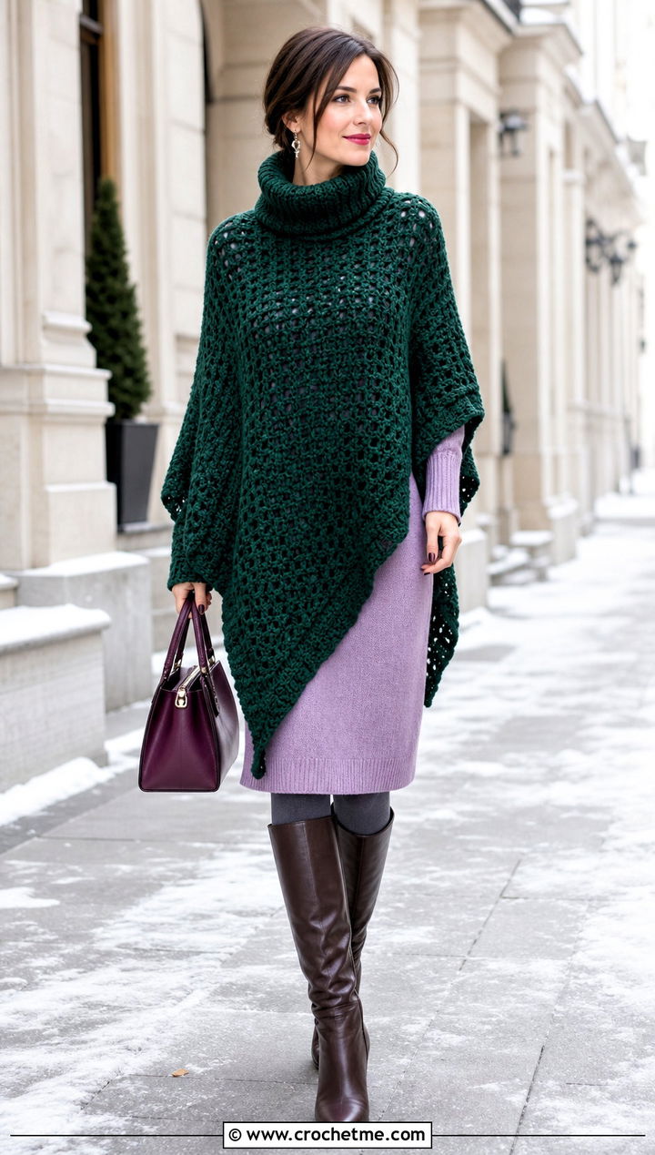 Longline Turtle Neck Crochet Poncho Over A Sweater Dress - 25 Turtle Neck Crochet Poncho outfit ideas