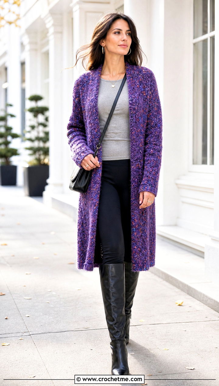 Longline Tweed Crochet Cardi With Leggings And Boots - 15 tweed crochet cardi outfit ideas