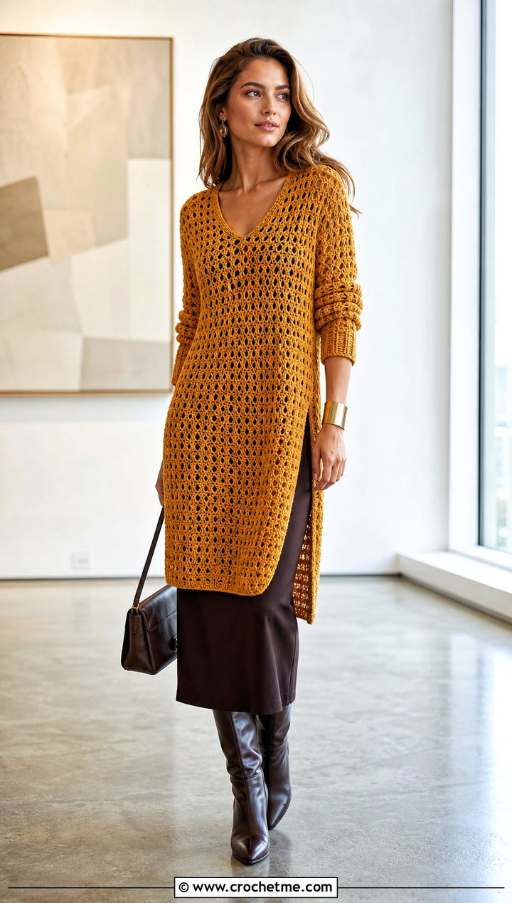 Longline V Neck Crochet Sweater Over A Column Dress - 35 v neck crochet sweater outfit ideas
