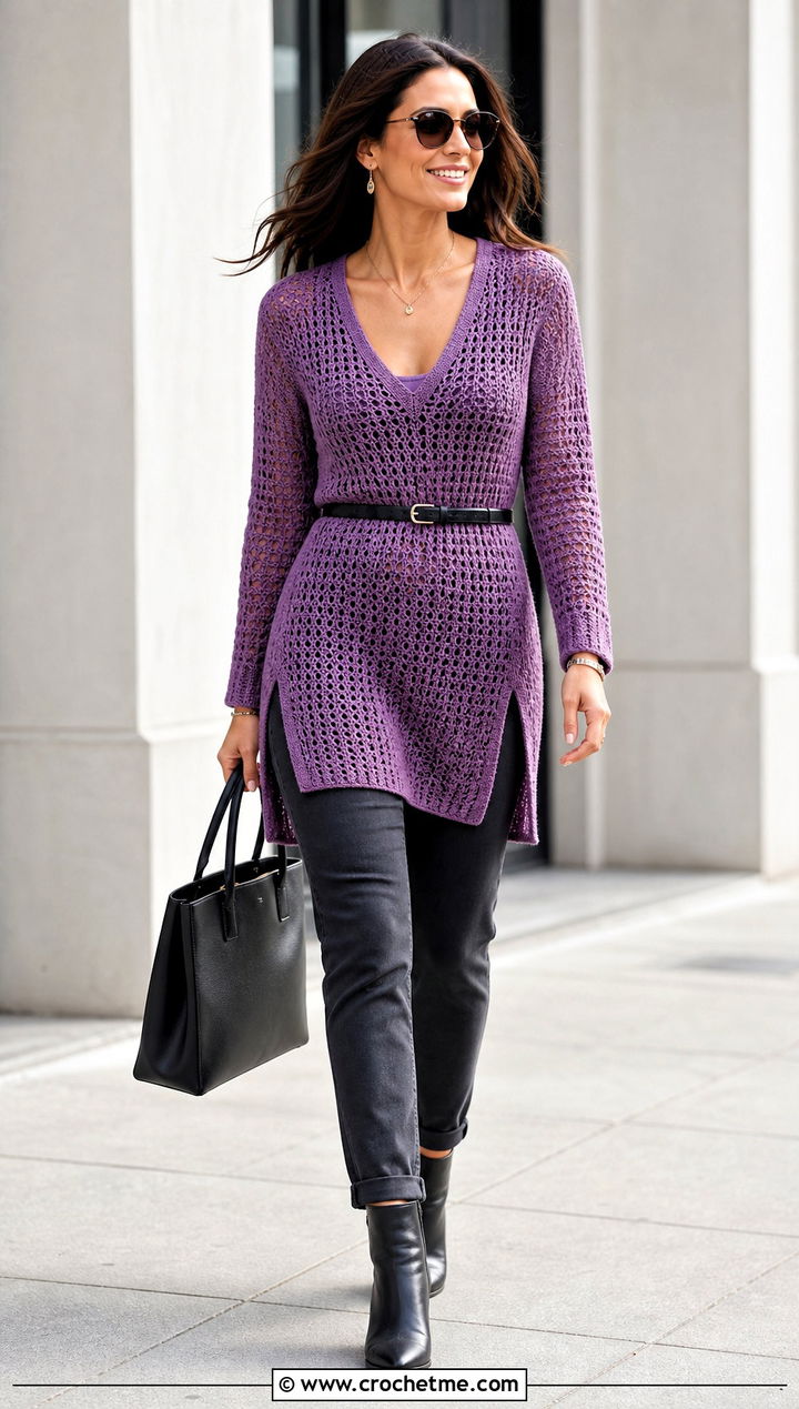 Longline V Neck Crochet Sweater With Slim Pants - 20 Crochet Lightweight Sweater outfit ideas