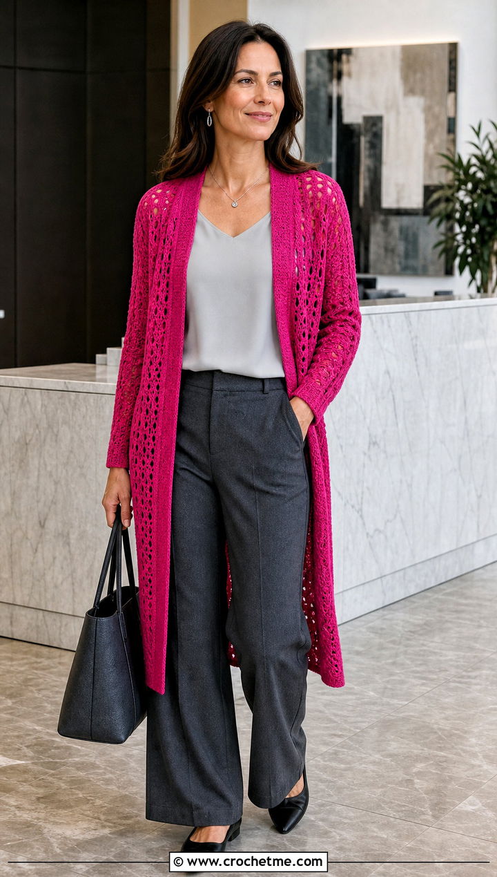 Longline V Stitch Cardigan With Tailored Trousers - 25 Crochet V Stitch Cardigan outfit ideas