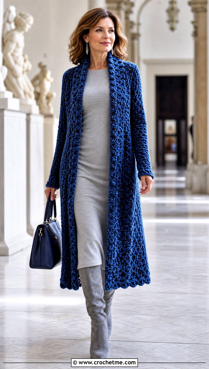 Longline Velvet Crochet Cardigan Sweater With Column Dress - 30 velvet crochet sweater outfit ideas