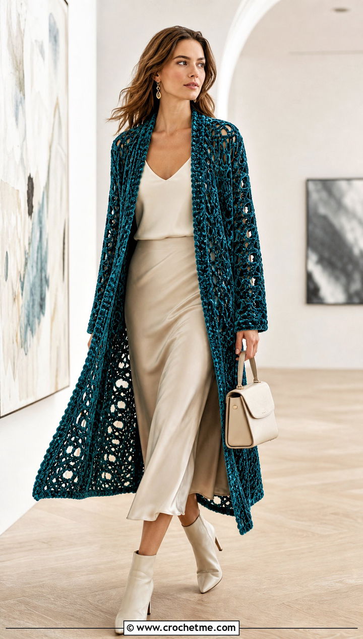 Longline Velvet Crochet Cardigan With Satin Midi Skirt - 15 velvet crochet cardigan outfit ideas
